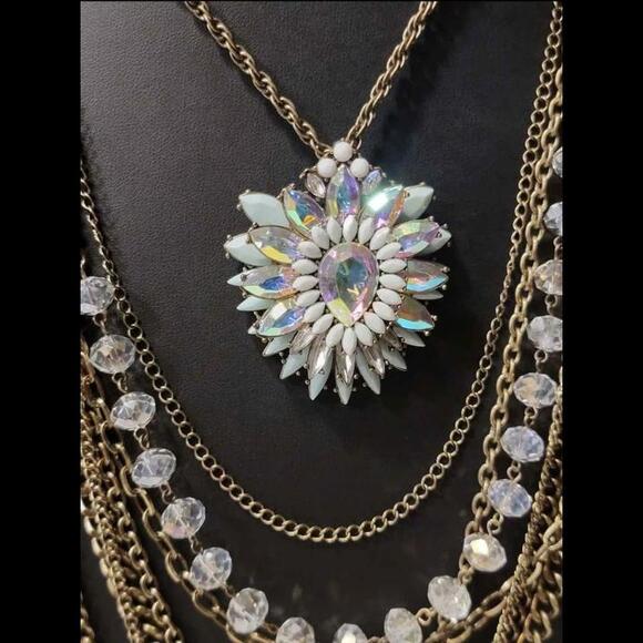 Vintage 1980's Multi-Strands Necklace w/ Aqua and Aurora Borealis Floral Pendant - Picture 3 of 6